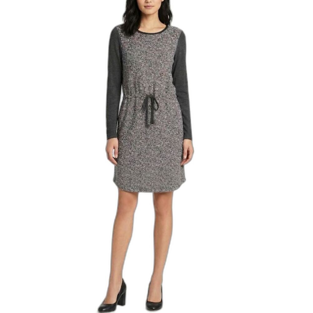 Lou & Grey Womens Gray Ivory Herringbone LS Drawstring Waist Shift Dress Size XS